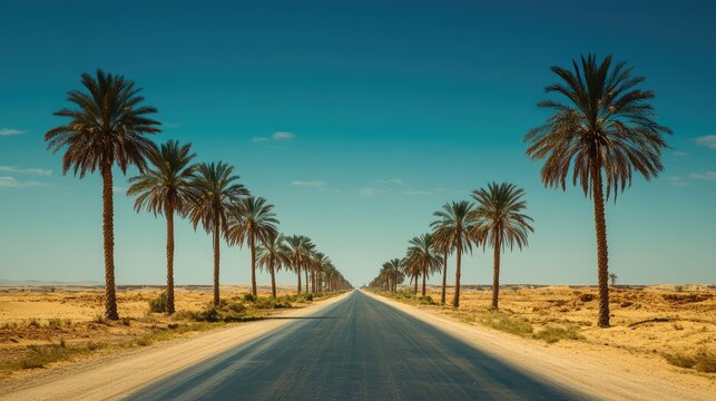 A long desert road stretching into the distance, flanked by palm trees with golden sands visible beyond the trees under a deep blue sky