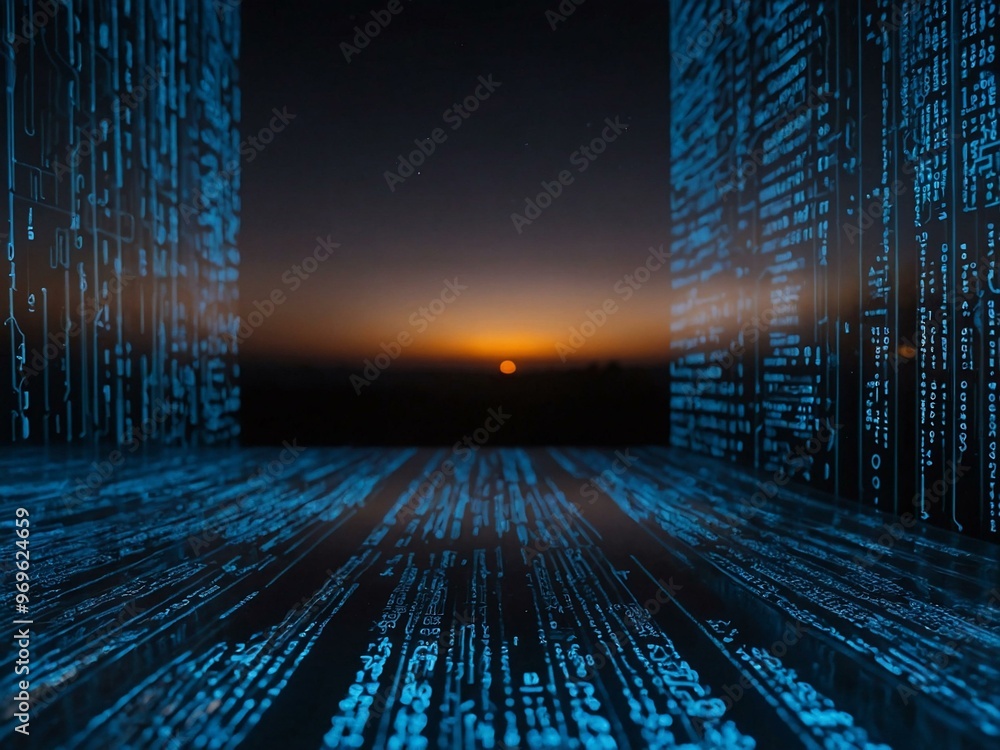 Poster glowing blue lines and binary code in a tech landscape.