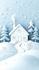 A contemporary white paper model of a farmhouse is complemented by two trees, highlighting a minimalistic and hyper-realistic aesthetic in a serene, neutral environment