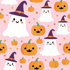 Cute ghosts, pumpkins, and witch hats seamless pattern for Halloween holiday. Halloween background for fabric, wrapping paper, textile, wallpaper and craft.