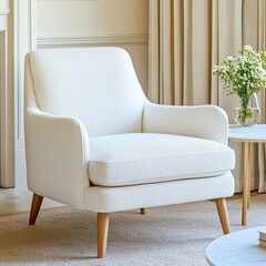 Cozy white armchair in a stylish living room, perfect for relaxation and elegant home decor.