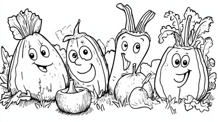 Happy cartoon vegetables with smiling faces in garden setting