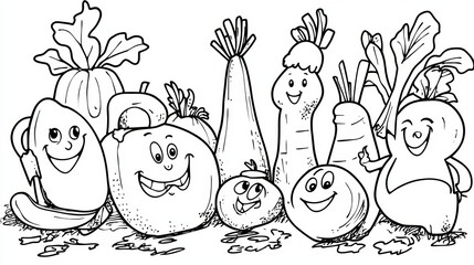 Happy cartoon vegetables with smiling faces, perfect for kids coloring!
