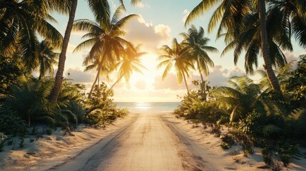 Obraz premium A sandy road bordered by towering palm trees that leads toward a distant beach, the tropical sun creating a warm, inviting atmosphere -
