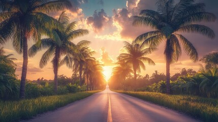 A serene countryside road lined with tall, swaying palm trees, their fronds rustling in the wind as the road stretches toward a tranquil sunset