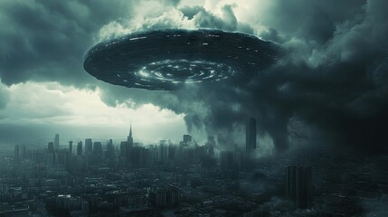 Dark, menacing clouds envelop a futuristic UFO as it hovers above a desolate cityscape, casting a mysterious glow.
