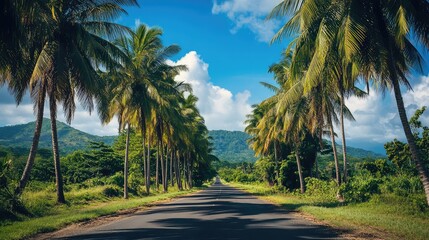 Obraz premium A tropical paradise road lined with towering coconut palms, the road framed by vibrant green vegetation and a bright blue sky with a few scattered clouds