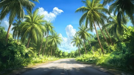 Fototapeta premium A tropical paradise road lined with towering coconut palms, the road framed by vibrant green vegetation and a bright blue sky with a few scattered clouds