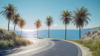 A winding coastal road with palm trees on both sides, their tall silhouettes standing against the backdrop of a sparkling ocean and blue sky