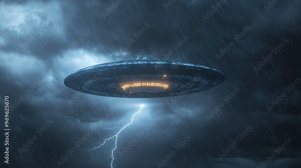 Poster glowing alien spacecraft floating in a dark, cloudy sky, with thunder and lightning in the backgroun