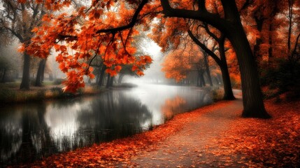 In an enchanting landscape, orange leaves float on calm waters of a serene lake, framed by tall trees as soft light creates a misty ambiance, capturing the essence of autumn