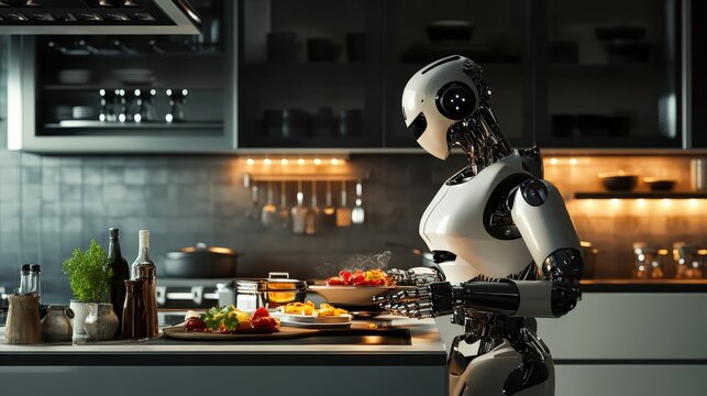 A robot chef skillfully arranges gourmet dishes in a sleek, contemporary kitchen illuminated by warm, ambient lighting as evening approaches