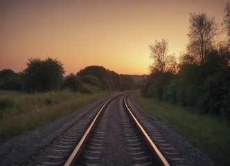 Fototapeta premium A beautiful train is traveling down its train tracks as the sun sets