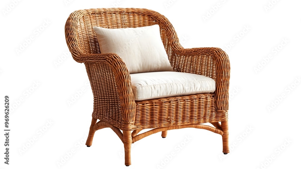 Poster cozy and comfortable wicker armchair with plush cushion isolated on a clean white studio backdrop th
