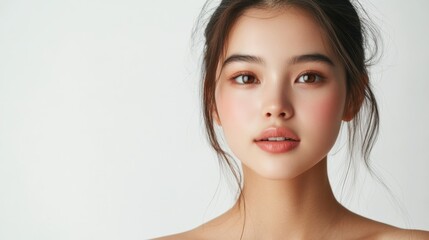 Naklejka premium Closeup Portrait of Young Woman with Brown Eyes and Soft Makeup.