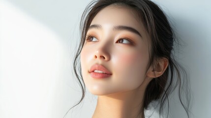 Naklejka premium Beautiful Asian Woman with Clear Skin Looking Up.