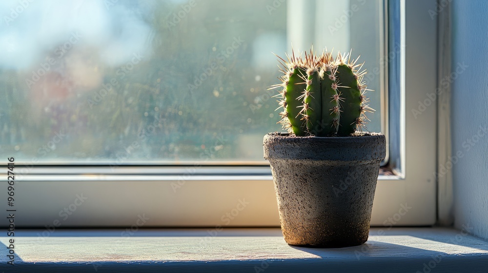 Poster a green cactus basks in the sunlight adding life to a bright inviting space