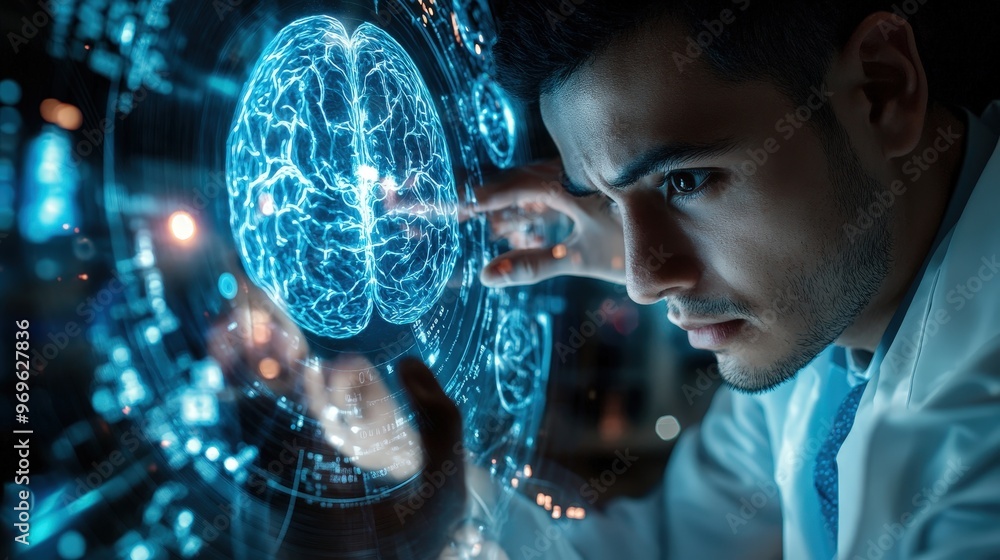 Poster a scientist intently examines advanced brain mapping technology in a cutting-edge laboratory. the in