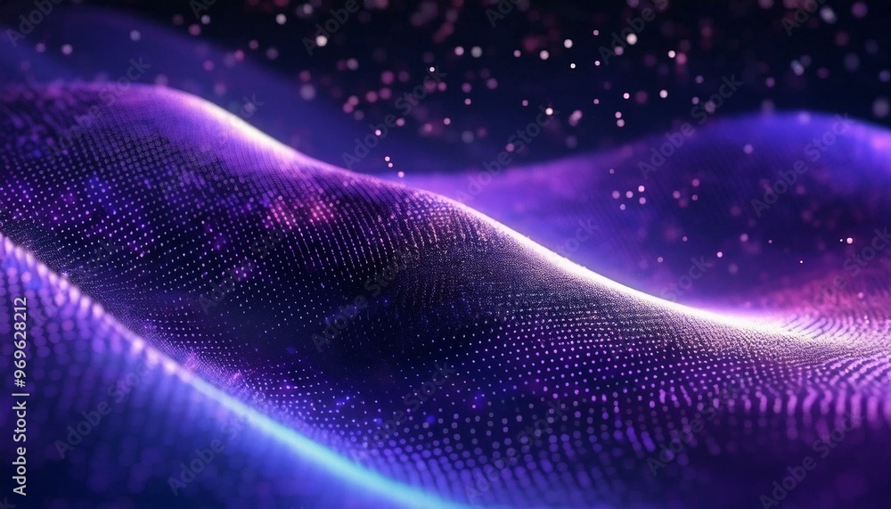 Poster particle stream. purple background with many glowing particles. technology background. 3d rendering.