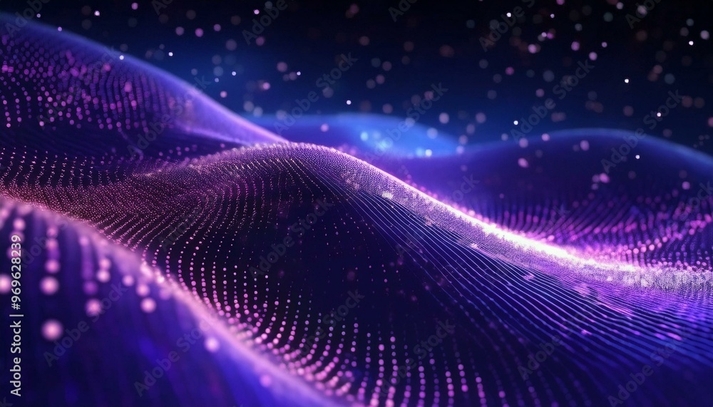 Poster Particle stream. Purple background with many glowing particles. Technology background. 3d rendering. Abstract wave background with many glowing particles. Musical wave. Digital network background