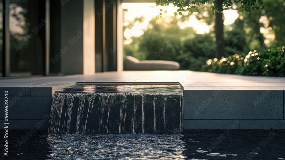 Wall mural a minimalist outdoor water feature with a sleek design and a calming sound, adding a touch of tranqu