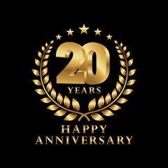Happy Anniversary Logo 10, 20, 30, 40, 50, 60, 70, 80, 90 Years with Laurel Wreath Golden. Vector Illustration.