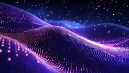 Particle stream. Purple background with many glowing particles. Technology background. 3d rendering. Abstract wave background with many glowing particles. Musical wave. Digital network background