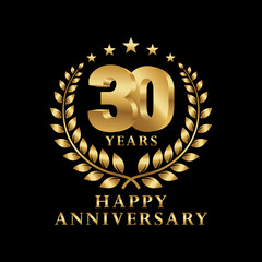 Happy Anniversary Logo 10, 20, 30, 40, 50, 60, 70, 80, 90 Years with Laurel Wreath Golden. Vector Illustration.