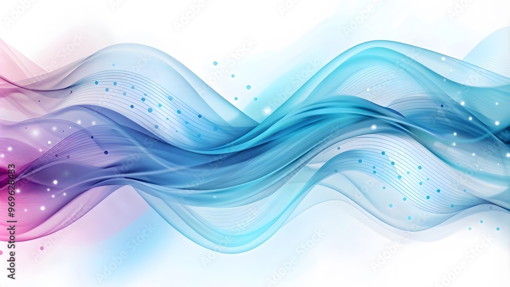 Poster Particle stream. Purple background with many glowing particles. Technology background. 3d rendering. Abstract wave background with many glowing particles. Musical wave. Digital network background