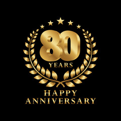 Happy Anniversary Logo 10, 20, 30, 40, 50, 60, 70, 80, 90 Years with Laurel Wreath Golden. Vector Illustration.