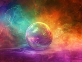A glowing orb rests amidst vibrant, swirling smoke, creating a mystical and ethereal scene.