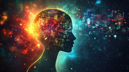 Human head silhouette with colorful, glowing mathematical symbols and equations radiating outward, symbolizing learning.