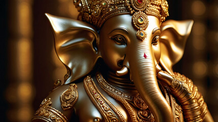 Obraz premium Luxurious, hyper-realistic depiction of Lord Ganesh in radiant gold attire, glowing with divine light.