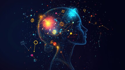 Human head silhouette with colorful, glowing mathematical symbols and equations radiating outward, symbolizing learning.