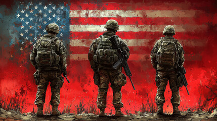 Three soldiers stand in front of a large American flag.
