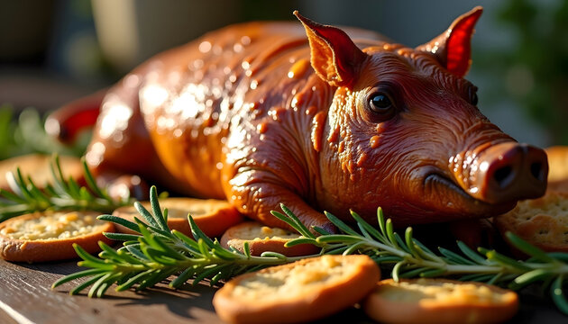 A beautifully presented roasted pig sculpture arranged with rosemary and crackers, showcasing culinary art in traditional dining settings.