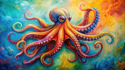 Fototapeta premium Octopus painted in vibrant colors on canvas , sea creature, marine life, underwater, acrylic painting, colorful