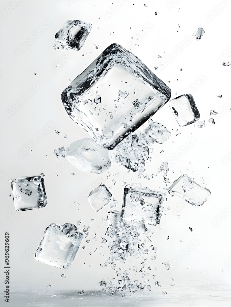 Poster crystalline ice cube shattering in a splash of frozen liquid droplets capturing the fragile yet ener