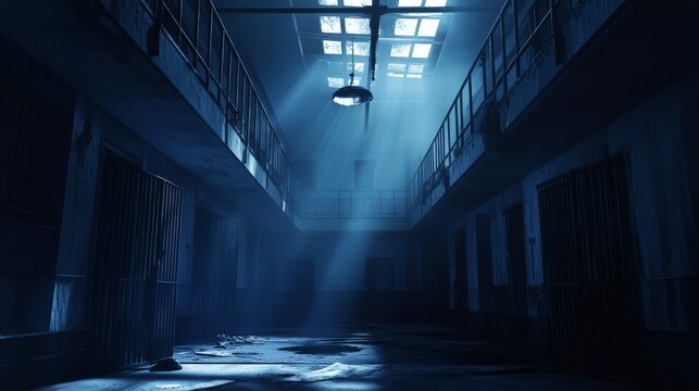 Soft blue light filters through the broken windows illuminating the empty hallways