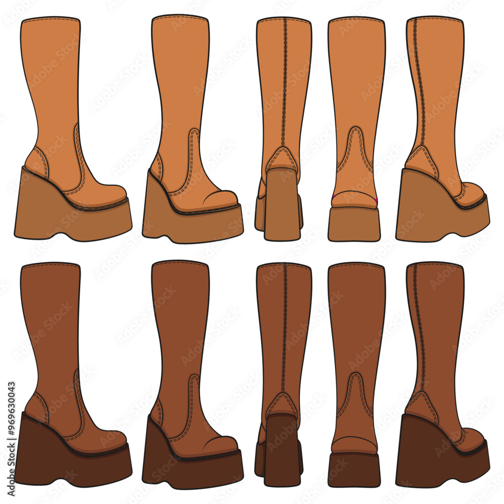 Poster set of colored retro platform boots. isolated vector objects on white background.