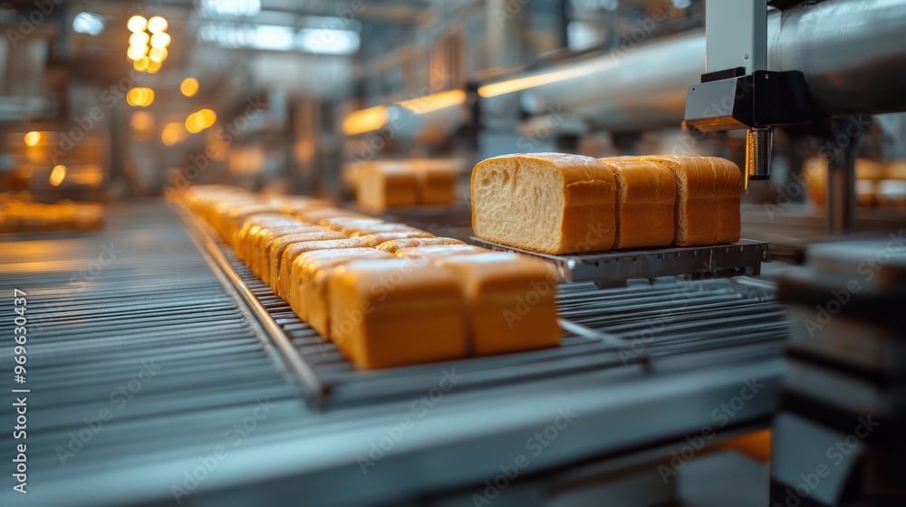Poster mockup banner displaying the concept of modern technology in bakery production with an automated pac