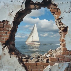 Anamorphic Brick Wall Framing Sailing Boat in the Ocean
