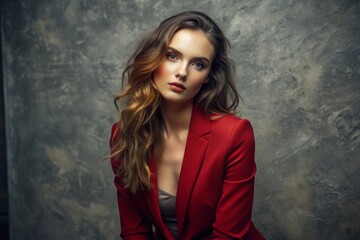 Fototapeta premium a fashionably dressed young woman sits gracefully with a serene expression. She is wearing a striking red blazer that brilliantly contrasts 