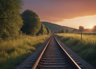 A beautiful train is traveling down its train tracks as the sun sets