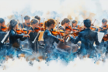 Watercolor painting of orchestra performing on stage.