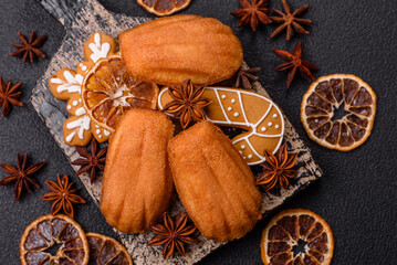 French classic madeleine sponge cake with elements of Christmas motifs