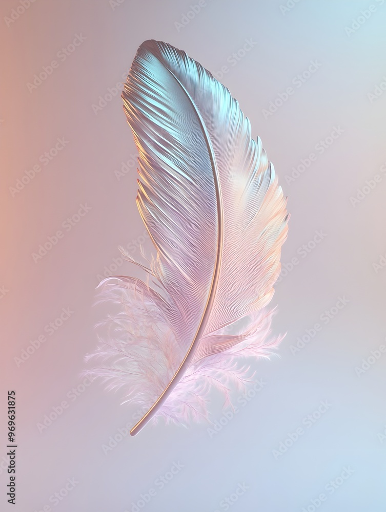 Poster delicate shimmering iridescent feather gracefully floating in a soft billowy 3d rendered scene with 