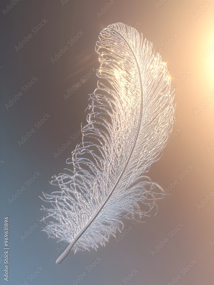 Poster delicate wispy feather gently descending through luminous sunlit air with a serene peaceful ambiance