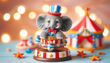 Fototapeta premium A cheerful elephant figurine on a carousel, surrounded by festive decorations and lights.