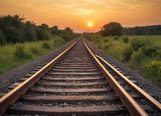 Fototapeta premium A beautiful train is traveling down its train tracks as the sun sets